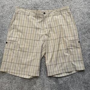 Adidas Shorts Mens 38 Beige Plaid Cargo Polyester Spandex Outdoor Golf Casual